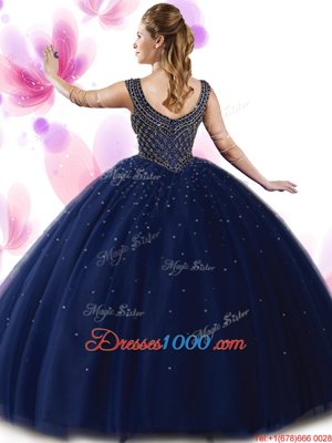 Scoop Navy Blue Zipper Ball Gown Prom Dress Beading Sleeveless Floor Length