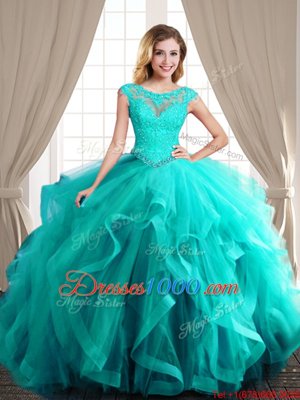 Scoop With Train Turquoise Sweet 16 Dresses Tulle Brush Train Cap Sleeves Beading and Appliques and Ruffles
