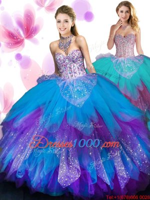 Fancy Ruffled Sweetheart Sleeveless Lace Up Quinceanera Gown Multi-color Tulle