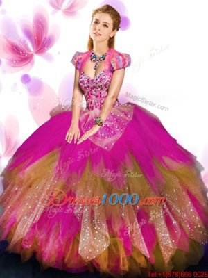 Fancy Ruffled Sweetheart Sleeveless Lace Up Quinceanera Gown Multi-color Tulle