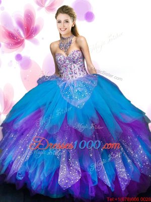 Fancy Ruffled Sweetheart Sleeveless Lace Up Quinceanera Gown Multi-color Tulle