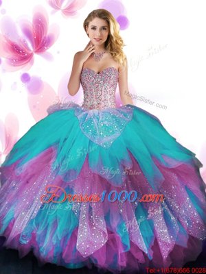 Fancy Ruffled Sweetheart Sleeveless Lace Up Quinceanera Gown Multi-color Tulle