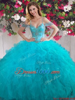 Four Piece Teal Lace Up Off The Shoulder Beading and Ruffles Quinceanera Dresses Tulle Sleeveless