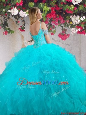 Four Piece Teal Lace Up Off The Shoulder Beading and Ruffles Quinceanera Dresses Tulle Sleeveless