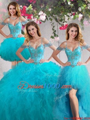 Four Piece Teal Lace Up Off The Shoulder Beading and Ruffles Quinceanera Dresses Tulle Sleeveless