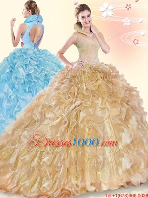Amazing Ball Gowns Sleeveless Champagne Sweet 16 Dresses Brush Train Backless
