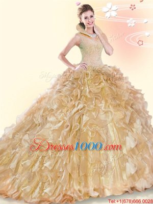 Amazing Ball Gowns Sleeveless Champagne Sweet 16 Dresses Brush Train Backless