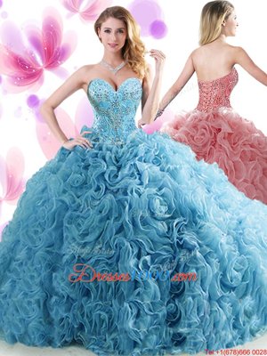 Extravagant Blue Sweetheart Lace Up Beading and Ruffles Ball Gown Prom Dress Brush Train Sleeveless