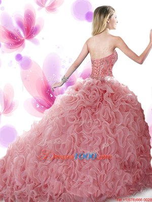 Extravagant Blue Sweetheart Lace Up Beading and Ruffles Ball Gown Prom Dress Brush Train Sleeveless