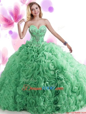 Extravagant Blue Sweetheart Lace Up Beading and Ruffles Ball Gown Prom Dress Brush Train Sleeveless