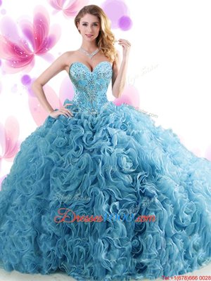 Extravagant Blue Sweetheart Lace Up Beading and Ruffles Ball Gown Prom Dress Brush Train Sleeveless