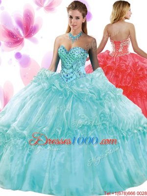 Aqua Blue Sleeveless Floor Length Pick Ups Lace Up 15 Quinceanera Dress