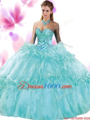 Aqua Blue Sleeveless Floor Length Pick Ups Lace Up 15 Quinceanera Dress