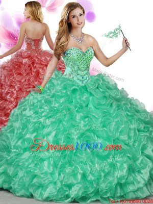 Modest Green Organza Lace Up Quinceanera Gowns Sleeveless Floor Length Beading and Ruffles