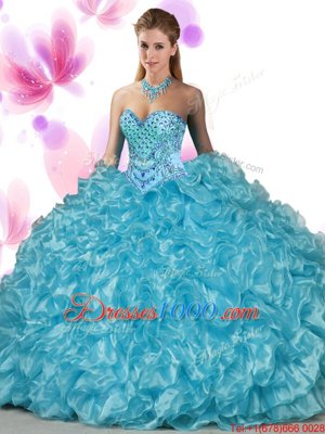 Modest Green Organza Lace Up Quinceanera Gowns Sleeveless Floor Length Beading and Ruffles