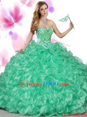 Modest Green Organza Lace Up Quinceanera Gowns Sleeveless Floor Length Beading and Ruffles