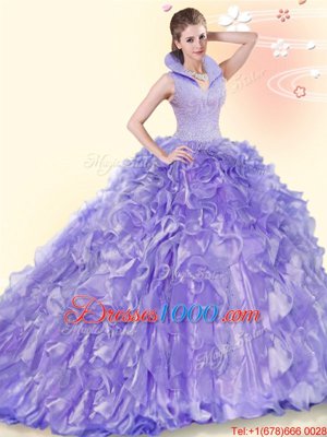 Backless Organza Sleeveless Sweet 16 Quinceanera Dress Brush Train and Beading and Ruffles