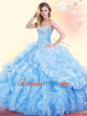 Charming Baby Blue Organza Lace Up Sweetheart Sleeveless Floor Length Sweet 16 Dresses Beading and Ruffles and Pick Ups