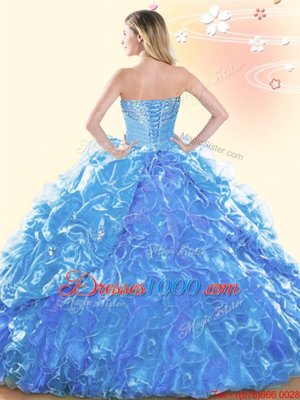 Charming Baby Blue Organza Lace Up Sweetheart Sleeveless Floor Length Sweet 16 Dresses Beading and Ruffles and Pick Ups