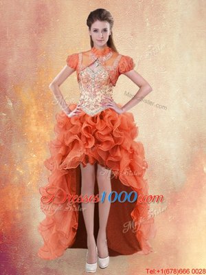 Four Piece With Train Orange Red Ball Gown Prom Dress Straps Sleeveless Brush Train Lace Up