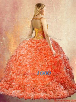 Four Piece With Train Orange Red Ball Gown Prom Dress Straps Sleeveless Brush Train Lace Up