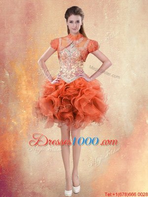 Four Piece With Train Orange Red Ball Gown Prom Dress Straps Sleeveless Brush Train Lace Up