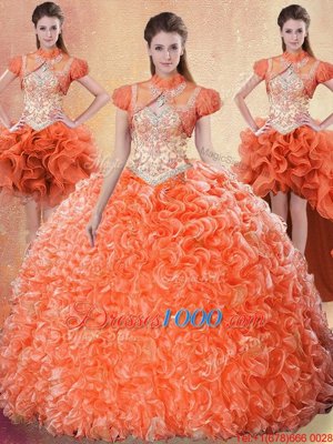 Four Piece With Train Orange Red Ball Gown Prom Dress Straps Sleeveless Brush Train Lace Up