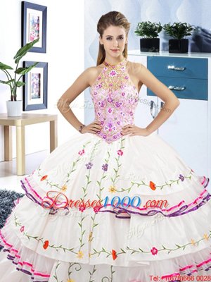 Luxury Halter Top Embroidery and Ruffled Layers Sweet 16 Dresses White Lace Up Sleeveless Floor Length