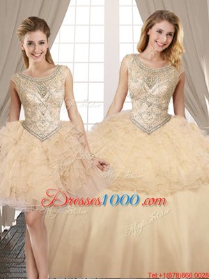 Vintage Three Piece Scoop Champagne Sleeveless Organza and Tulle Lace Up Vestidos de Quinceanera for Military Ball and Sweet 16 and Quinceanera
