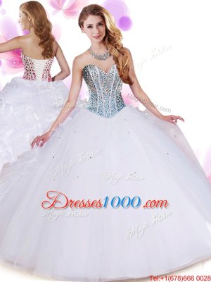 On Sale White Ball Gowns Organza and Tulle Sweetheart Sleeveless Beading and Ruffles Floor Length Lace Up Vestidos de Quinceanera