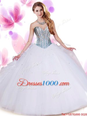 On Sale White Ball Gowns Organza and Tulle Sweetheart Sleeveless Beading and Ruffles Floor Length Lace Up Vestidos de Quinceanera