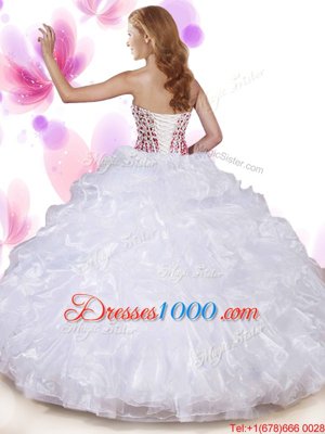 On Sale White Ball Gowns Organza and Tulle Sweetheart Sleeveless Beading and Ruffles Floor Length Lace Up Vestidos de Quinceanera