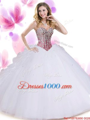 On Sale White Ball Gowns Organza and Tulle Sweetheart Sleeveless Beading and Ruffles Floor Length Lace Up Vestidos de Quinceanera