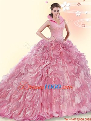 Pink Ball Gowns Organza High-neck Sleeveless Beading and Ruffles Backless Sweet 16 Quinceanera Dress Brush Train