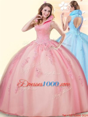 Pink Sleeveless Floor Length Beading and Appliques Backless Quince Ball Gowns