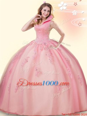 Pink Sleeveless Floor Length Beading and Appliques Backless Quince Ball Gowns