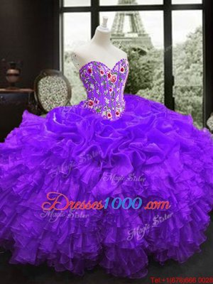 Purple Ball Gowns Sweetheart Sleeveless Organza Floor Length Lace Up Embroidery and Ruffles 15 Quinceanera Dress