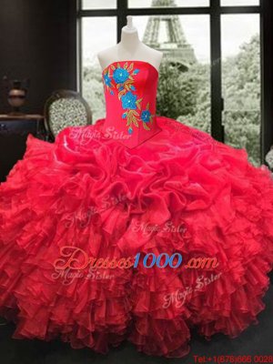 Organza Strapless Sleeveless Lace Up Embroidery and Ruffles Vestidos de Quinceanera in Red