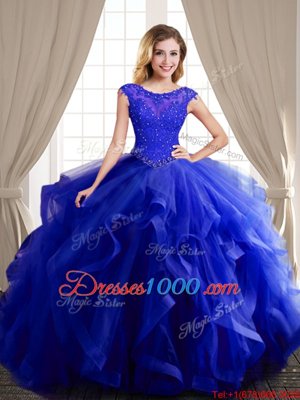 Best Selling Royal Blue Ball Gowns Tulle Scoop Cap Sleeves Beading and Appliques and Ruffles With Train Lace Up 15 Quinceanera Dress Brush Train