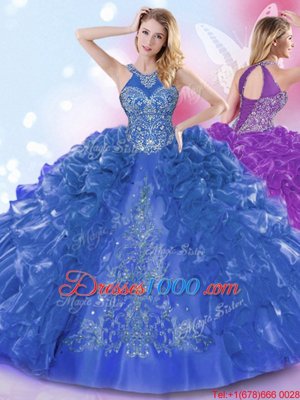 Royal Blue Halter Top Neckline Appliques and Ruffled Layers Quinceanera Gowns Sleeveless Lace Up