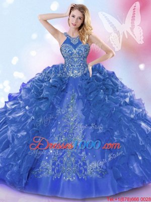 Royal Blue Halter Top Neckline Appliques and Ruffled Layers Quinceanera Gowns Sleeveless Lace Up