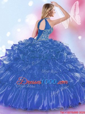 Royal Blue Halter Top Neckline Appliques and Ruffled Layers Quinceanera Gowns Sleeveless Lace Up