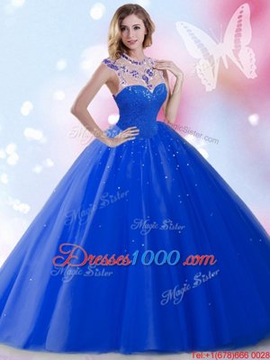 High Class Floor Length Royal Blue Quinceanera Gowns Tulle Sleeveless Beading and Sequins