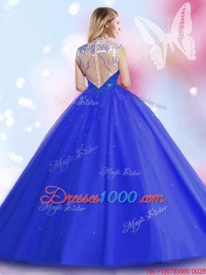 High Class Floor Length Royal Blue Quinceanera Gowns Tulle Sleeveless Beading and Sequins