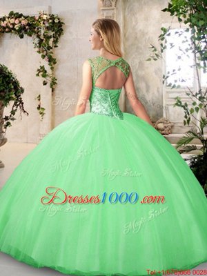 Beautiful Floor Length Peach Quinceanera Gowns Scoop Sleeveless Lace Up