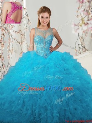 Luxury Scoop Sleeveless Lace Up Floor Length Beading and Ruffles Ball Gown Prom Dress