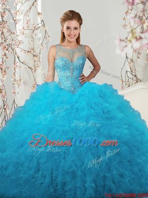 Luxury Scoop Sleeveless Lace Up Floor Length Beading and Ruffles Ball Gown Prom Dress