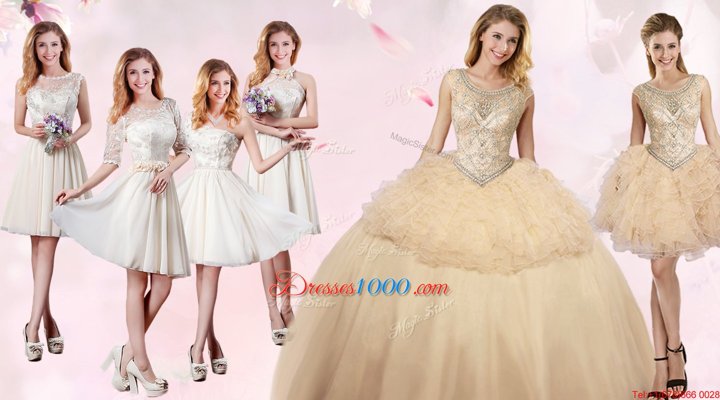 Cute Champagne Ball Gowns Scoop Sleeveless Organza and Tulle Floor Length Lace Up Beading and Ruffles Ball Gown Prom Dress