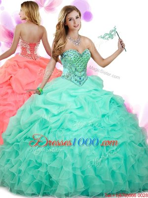 Apple Green Ball Gowns Sweetheart Sleeveless Organza Floor Length Lace Up Beading and Ruffles and Pick Ups Sweet 16 Dresses