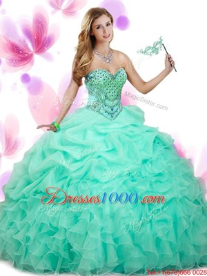 Apple Green Ball Gowns Sweetheart Sleeveless Organza Floor Length Lace Up Beading and Ruffles and Pick Ups Sweet 16 Dresses